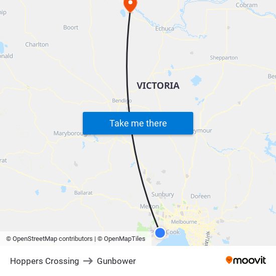 Hoppers Crossing to Gunbower map