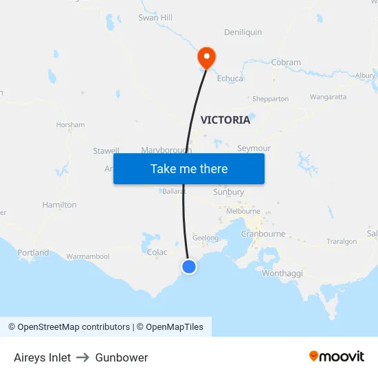 Aireys Inlet to Gunbower map