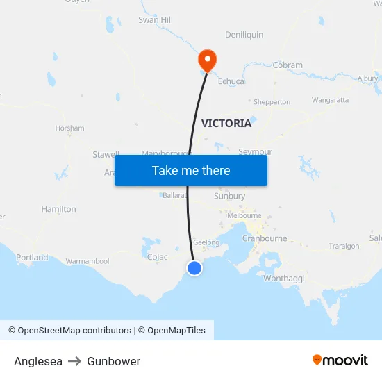 Anglesea to Gunbower map