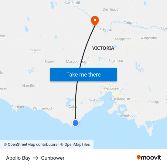 Apollo Bay to Gunbower map