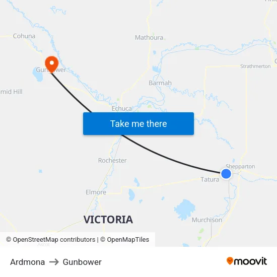 Ardmona to Gunbower map
