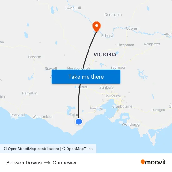 Barwon Downs to Gunbower map