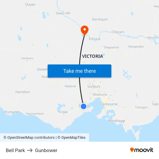 Bell Park to Gunbower map