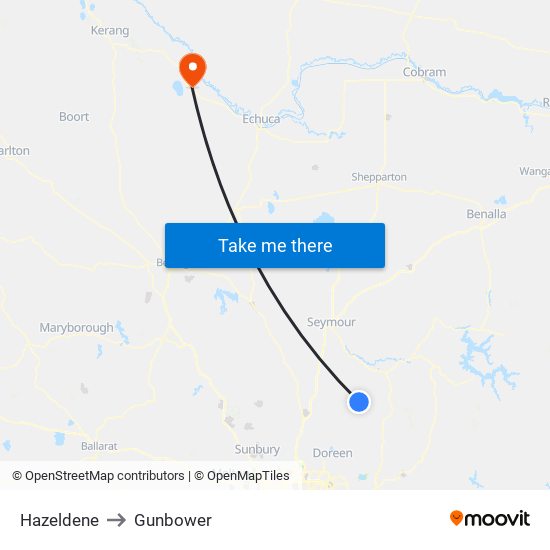 Hazeldene to Gunbower map