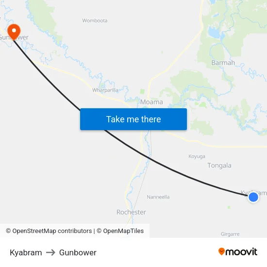 Kyabram to Gunbower map