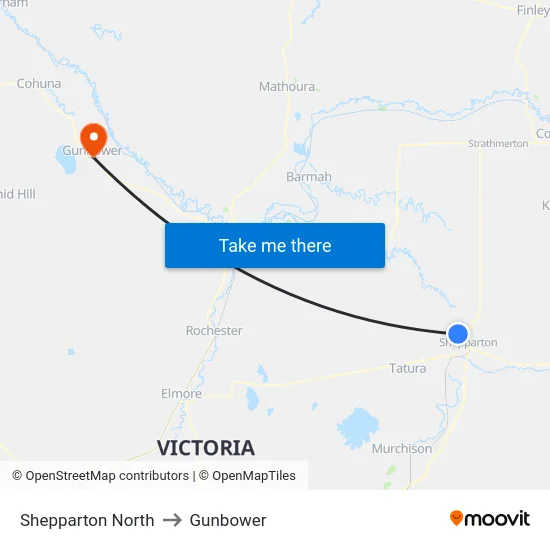Shepparton North to Gunbower map