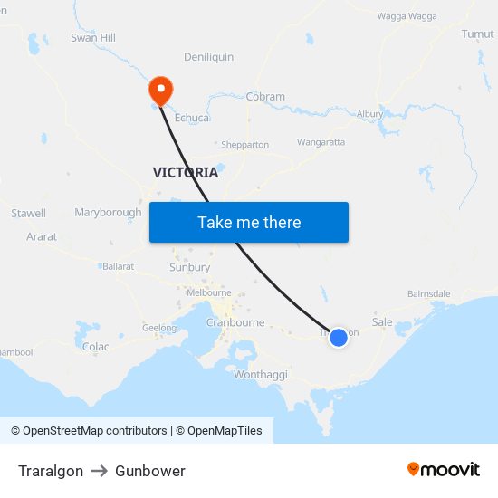 Traralgon to Gunbower map