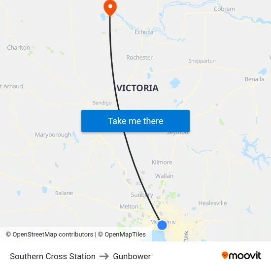 Southern Cross Station to Gunbower map