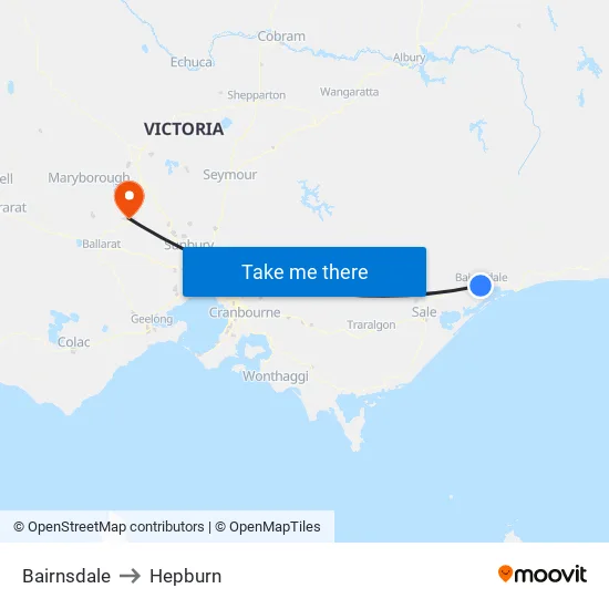 Bairnsdale to Hepburn map