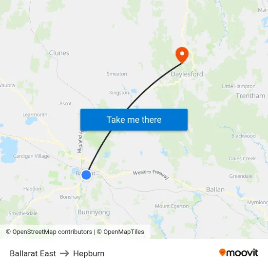 Ballarat East to Hepburn map