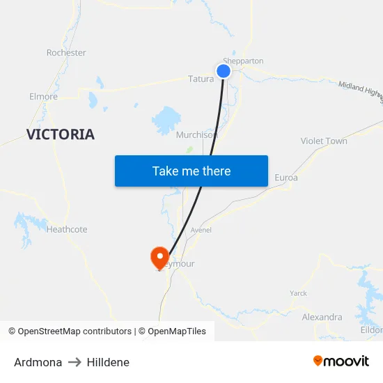 Ardmona to Hilldene map