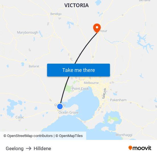 Geelong to Hilldene map