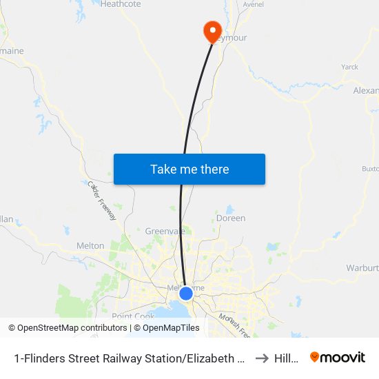 1-Flinders Street Railway Station/Elizabeth St (Melbourne City) to Hilldene map