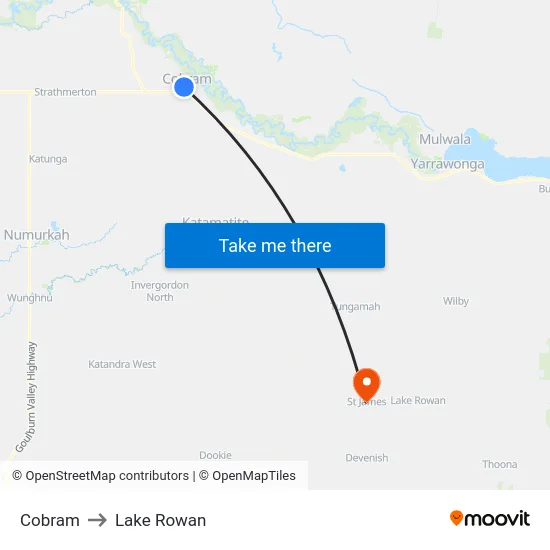 Cobram to Lake Rowan map