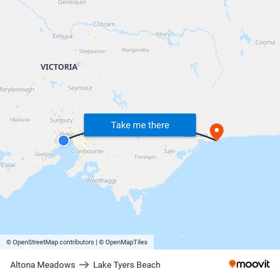 Altona Meadows to Lake Tyers Beach map