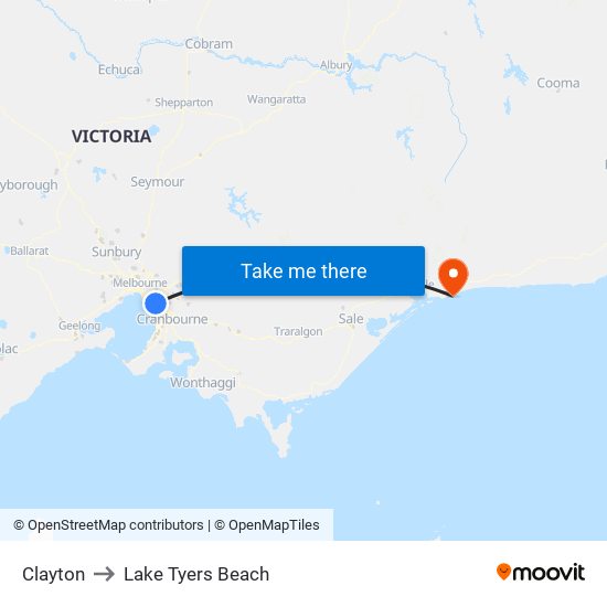 Clayton to Lake Tyers Beach map