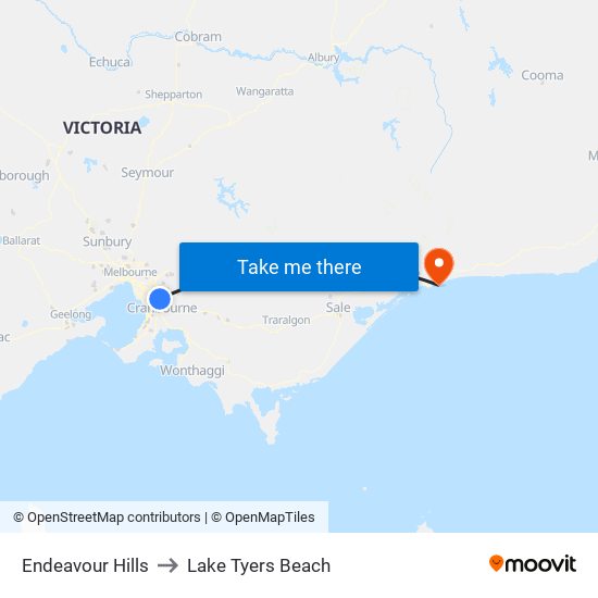 Endeavour Hills to Lake Tyers Beach map