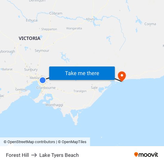 Forest Hill to Lake Tyers Beach map