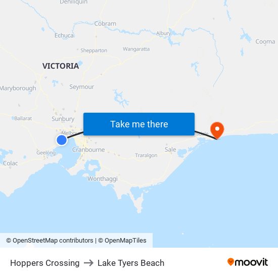 Hoppers Crossing to Lake Tyers Beach map