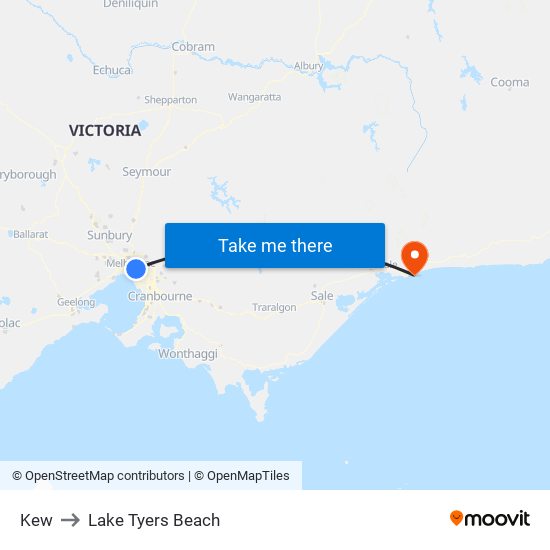 Kew to Lake Tyers Beach map