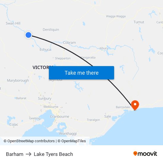 Barham to Lake Tyers Beach map