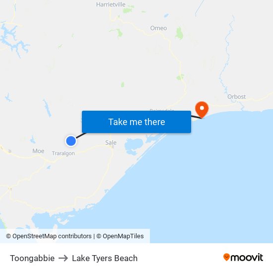 Toongabbie to Lake Tyers Beach map