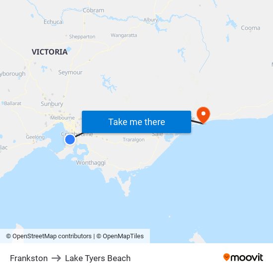 Frankston to Lake Tyers Beach map