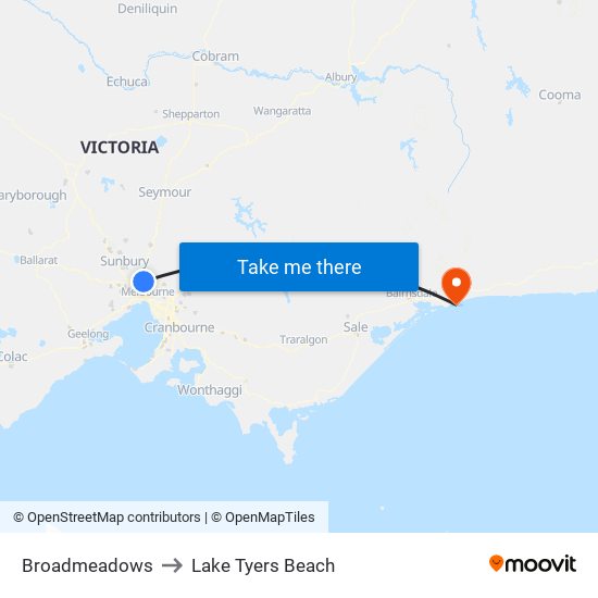 Broadmeadows to Lake Tyers Beach map