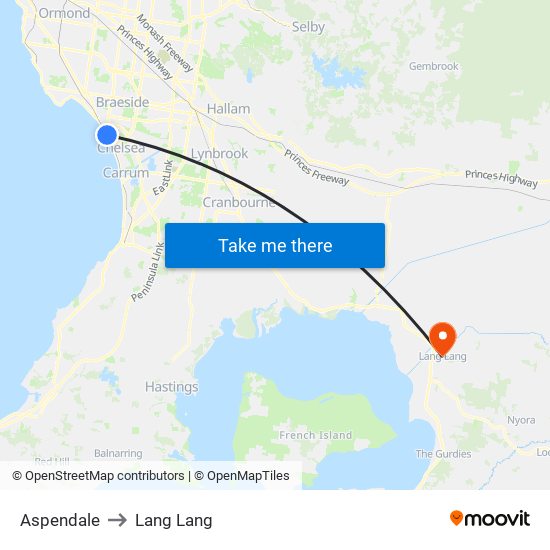 Aspendale to Lang Lang map