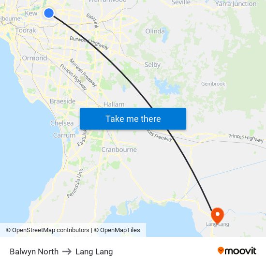 Balwyn North to Lang Lang map