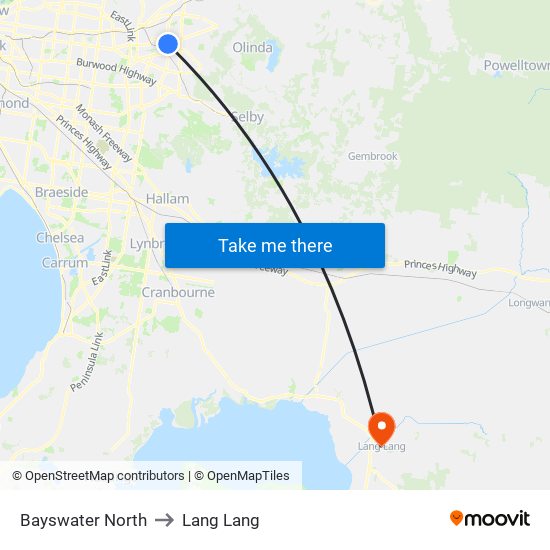 Bayswater North to Lang Lang map