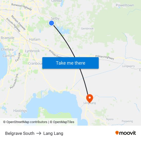 Belgrave South to Lang Lang map