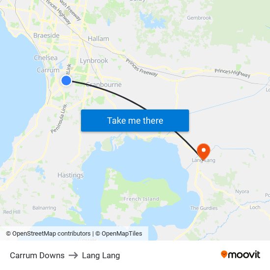 Carrum Downs to Lang Lang map