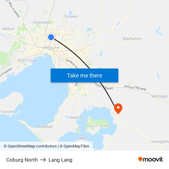 Coburg North to Lang Lang map