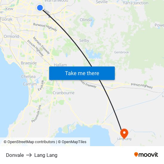 Donvale to Lang Lang map