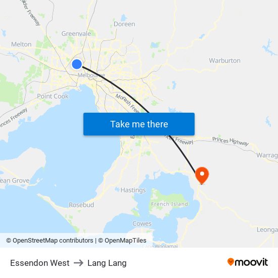 Essendon West to Lang Lang map