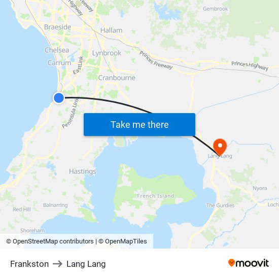 Frankston to Lang Lang map