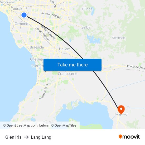 Glen Iris to Lang Lang map