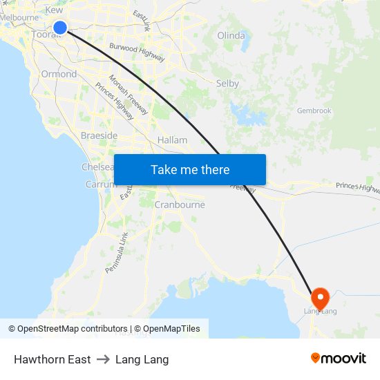 Hawthorn East to Lang Lang map