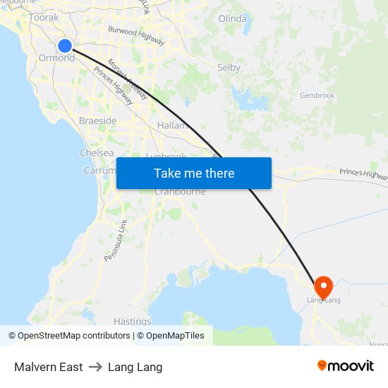 Malvern East to Lang Lang map