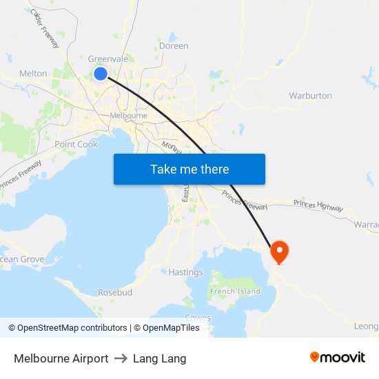 Melbourne Airport to Lang Lang map