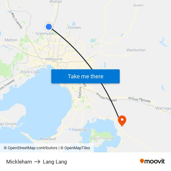 Mickleham to Lang Lang map