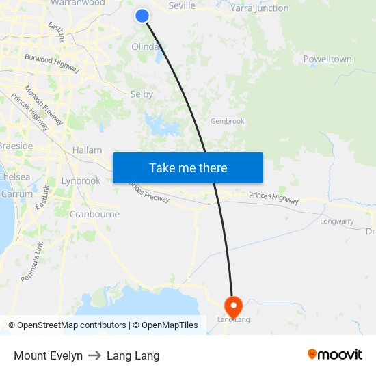 Mount Evelyn to Lang Lang map