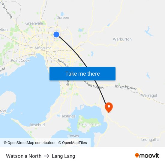 Watsonia North to Lang Lang map