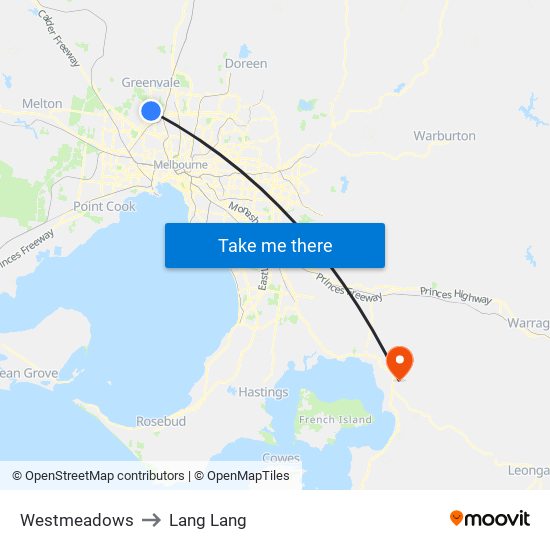 Westmeadows to Lang Lang map