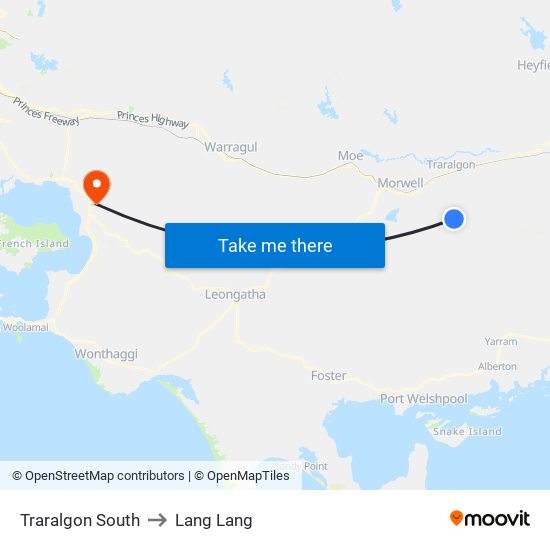 Traralgon South to Lang Lang map