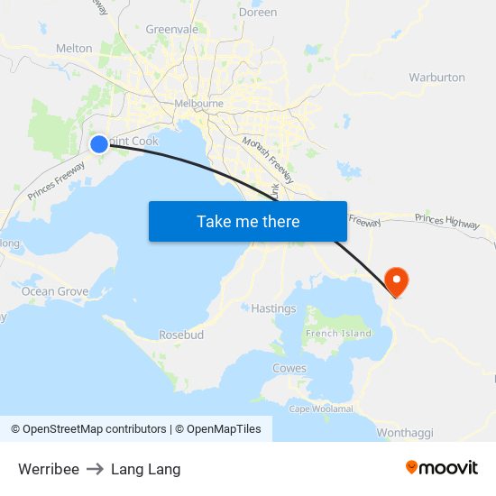 Werribee to Lang Lang map