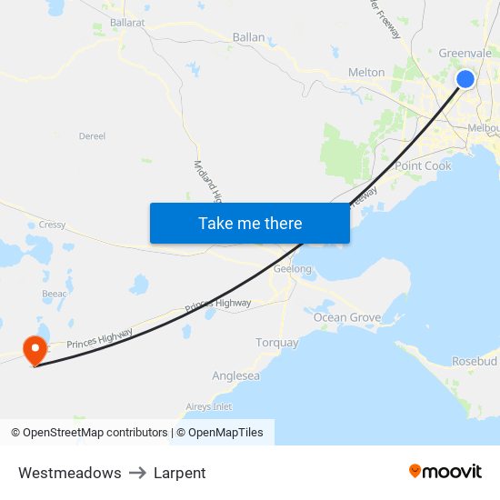 Westmeadows to Larpent map