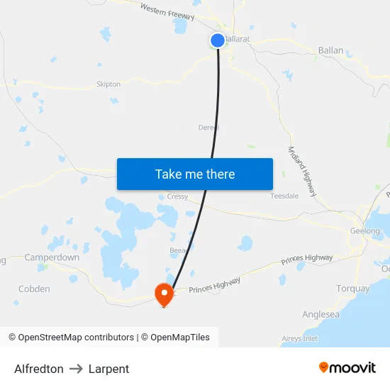 Alfredton to Larpent map