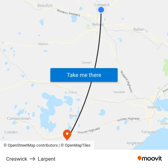 Creswick to Larpent map